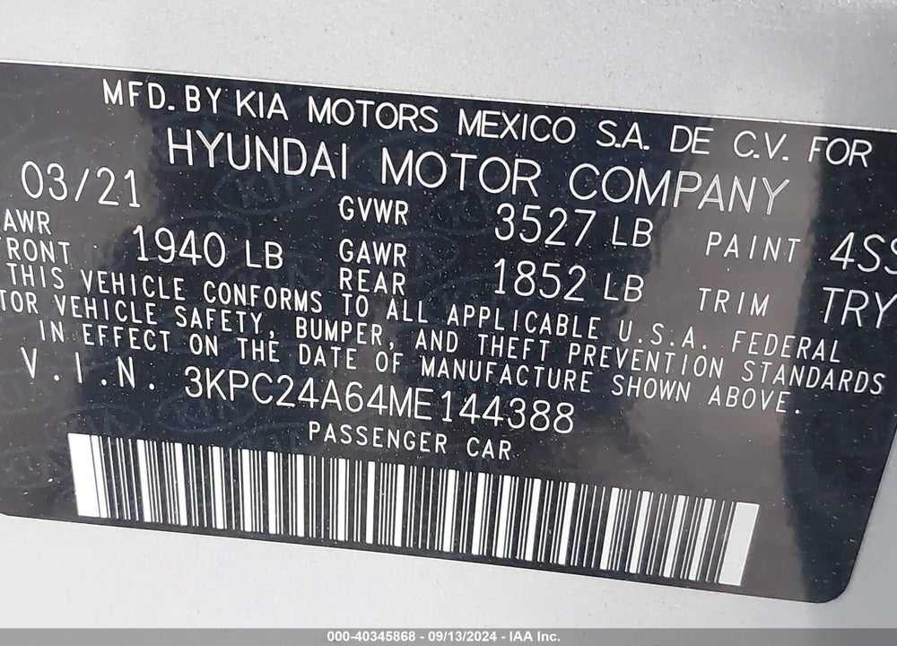 2021 HYUNDAI ACCENT SE VIN: 3KPC24A64ME144388