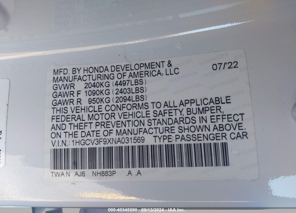 2022 HONDA ACCORD VIN: 1HGCV3F9XNA031569