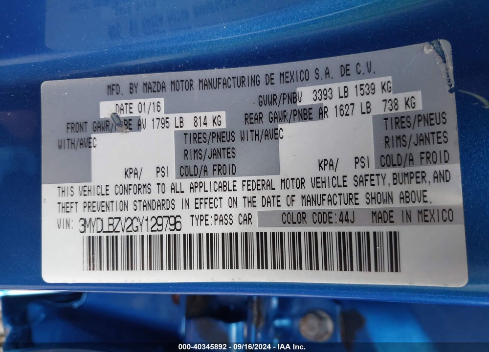 2016 SCION IA VIN: 3MYDLBZV2GY129796