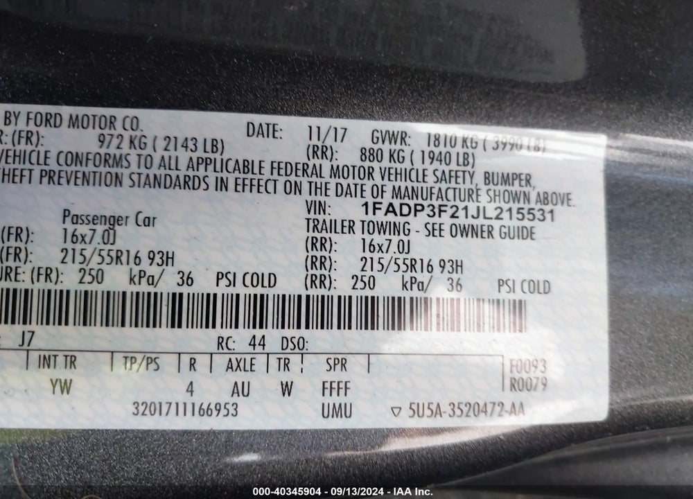 2018 FORD FOCUS SE VIN: 1FADP3F21JL215531
