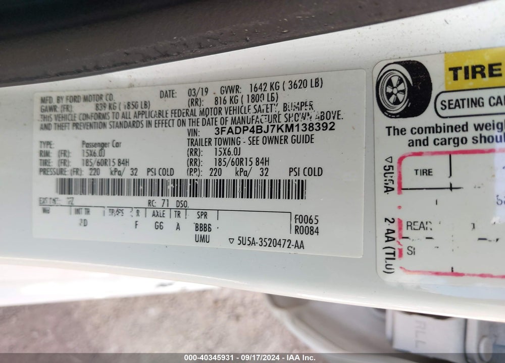 2019 FORD FIESTA SE VIN: 3FADP4BJ7KM138392