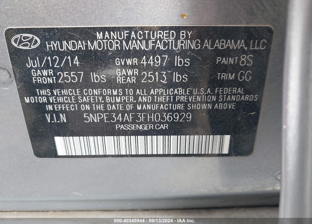 2015 HYUNDAI SONATA SPORT VIN: 5NPE34AF3FH036929