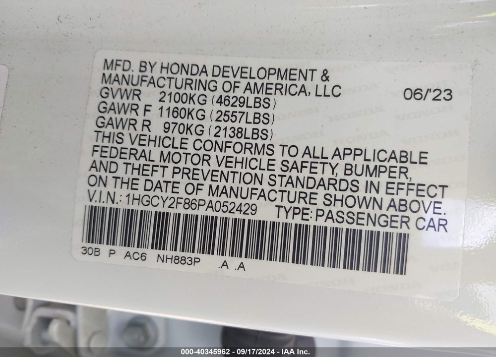 2023 HONDA ACCORD HYBRID TOURING VIN: 1HGCY2F86PA052429