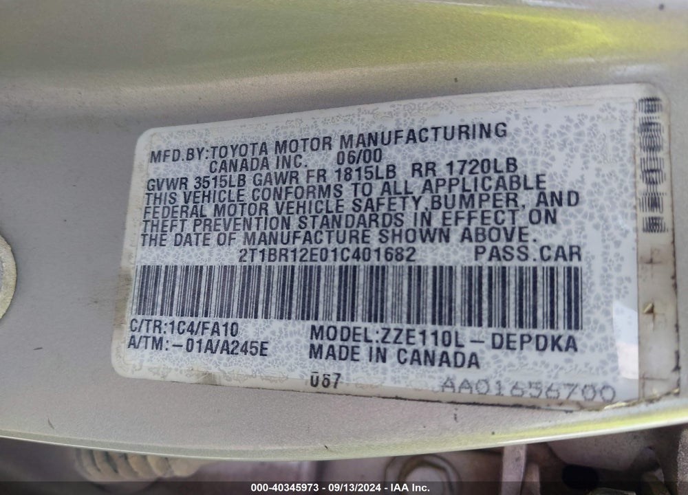 2001 TOYOTA COROLLA LE VIN: 2T1BR12E01C401682