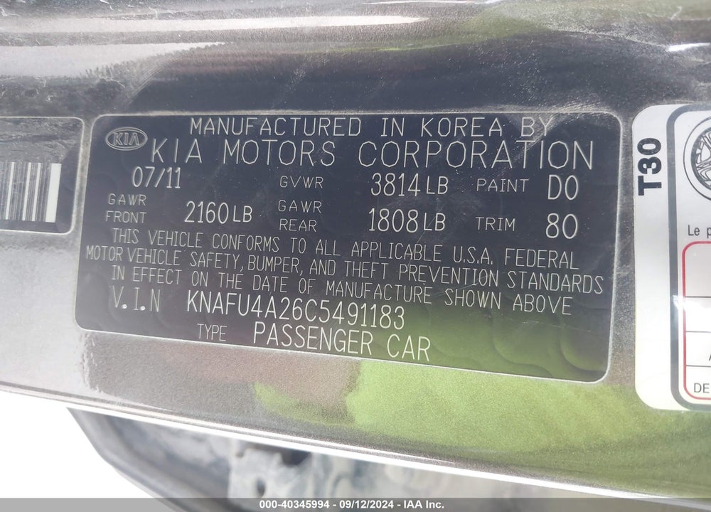 2012 KIA FORTE EX VIN: KNAFU4A26C5491183