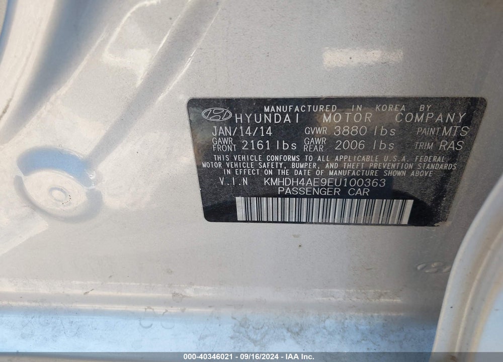 2014 HYUNDAI ELANTRA SE VIN: KMHDH4AE9EU100363
