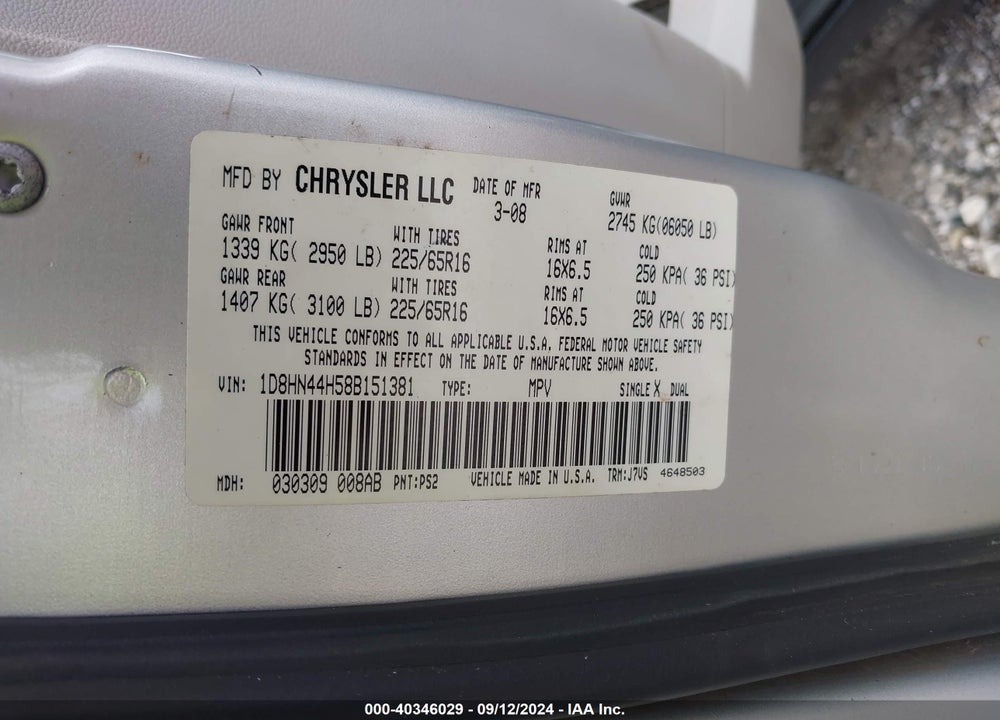 2008 DODGE GRAND CARAVAN SE VIN: 1D8HN44H58B151381