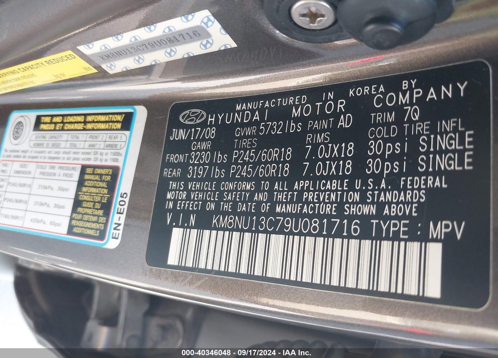 2009 HYUNDAI VERACRUZ LIMITED VIN: KM8NU13C79U081716