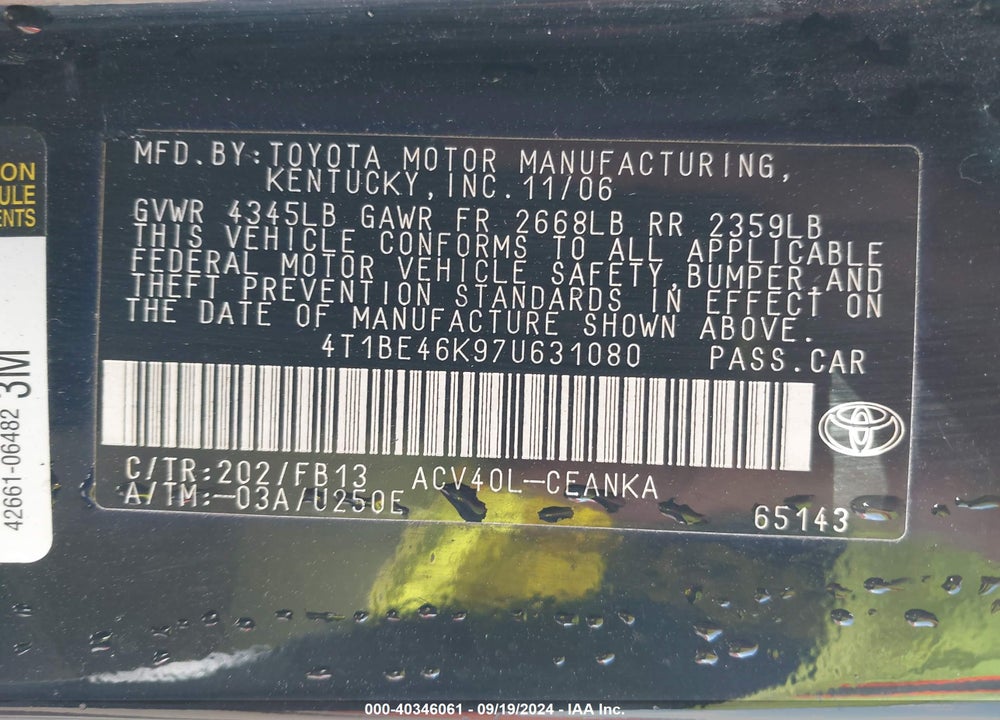 2007 TOYOTA CAMRY LE VIN: 4T1BE46K97U631080