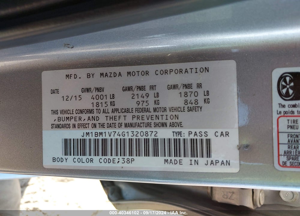 2016 MAZDA 3 I TOURING VIN: JM1BM1V74G1320872
