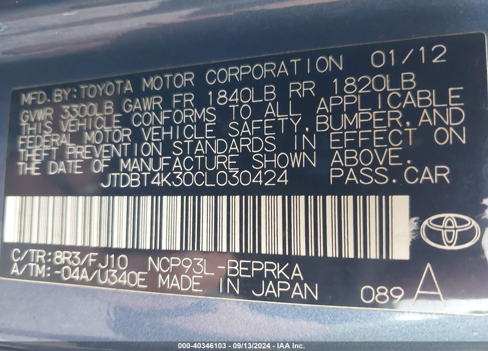 2012 TOYOTA YARIS VIN: JTDBT4K30CL030424