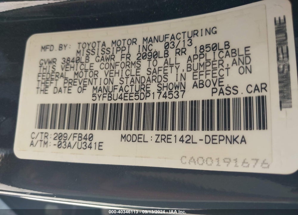2013 TOYOTA COROLLA LE VIN: 5YFBU4EE5DP174537