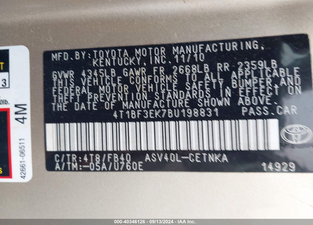 2011 TOYOTA CAMRY VIN: 4T1BF3EK7BU198831