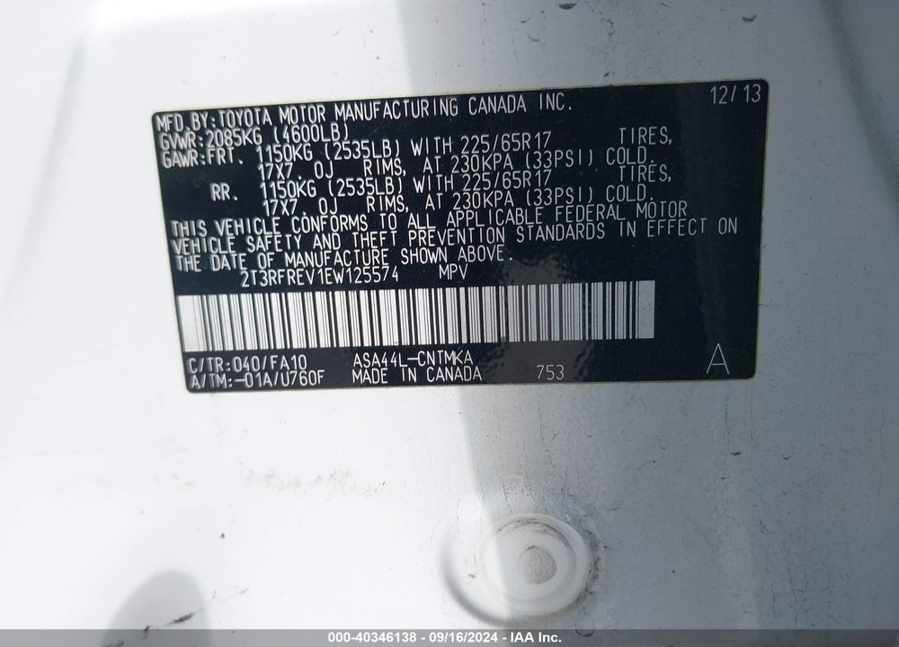 2014 TOYOTA RAV4 XLE VIN: 2T3RFREV1EW125574