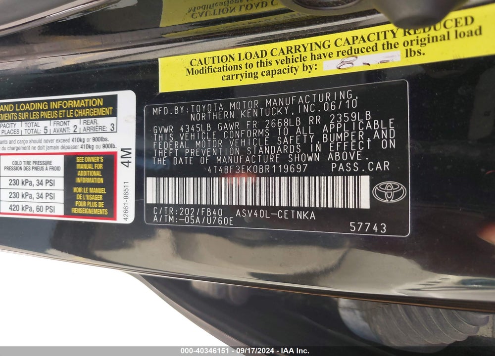 2011 TOYOTA CAMRY LE VIN: 4T4BF3EK0BR119697