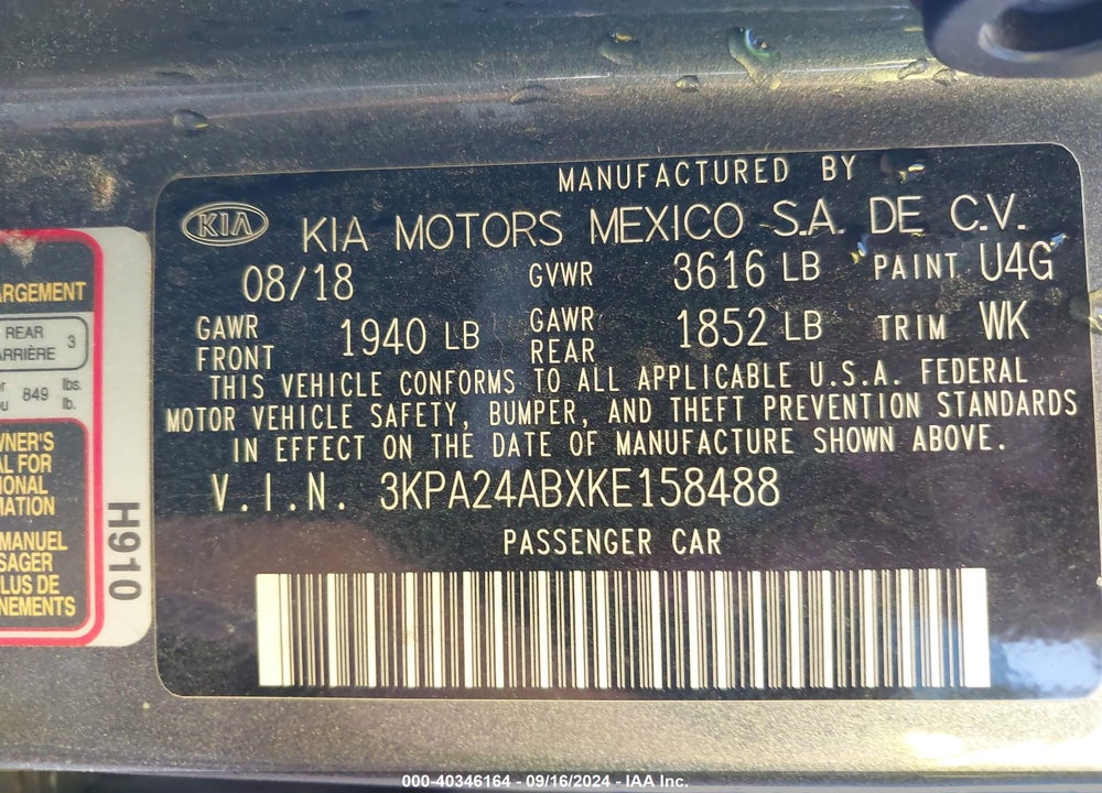2019 KIA RIO S VIN: 3KPA24ABXKE158488
