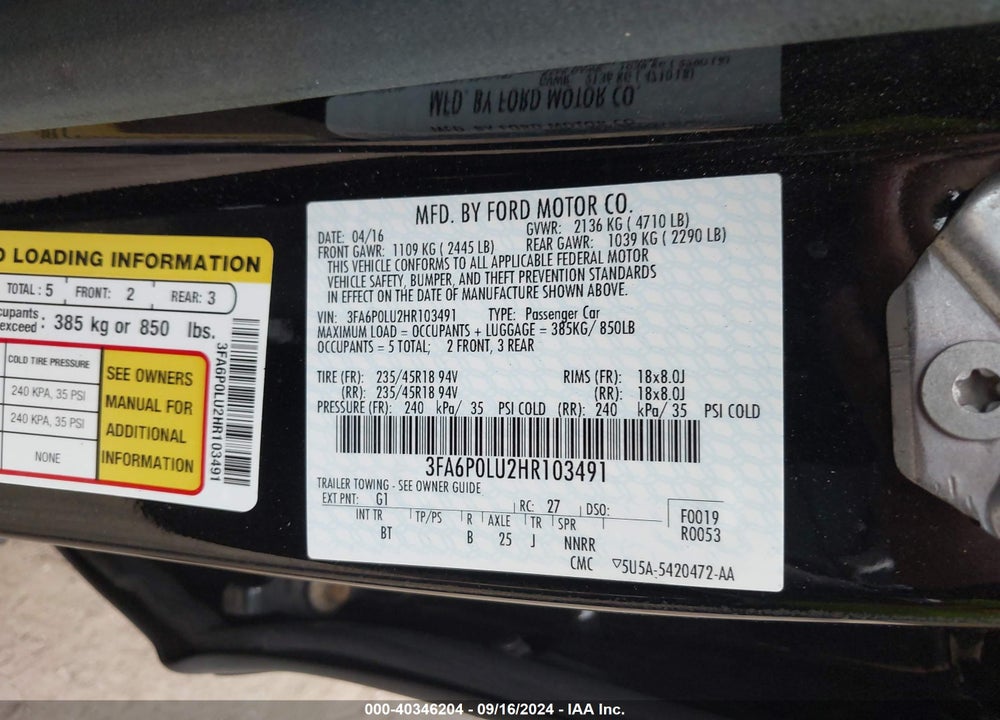 2017 FORD FUSION HYBRID SE VIN: 3FA6P0LU2HR103491