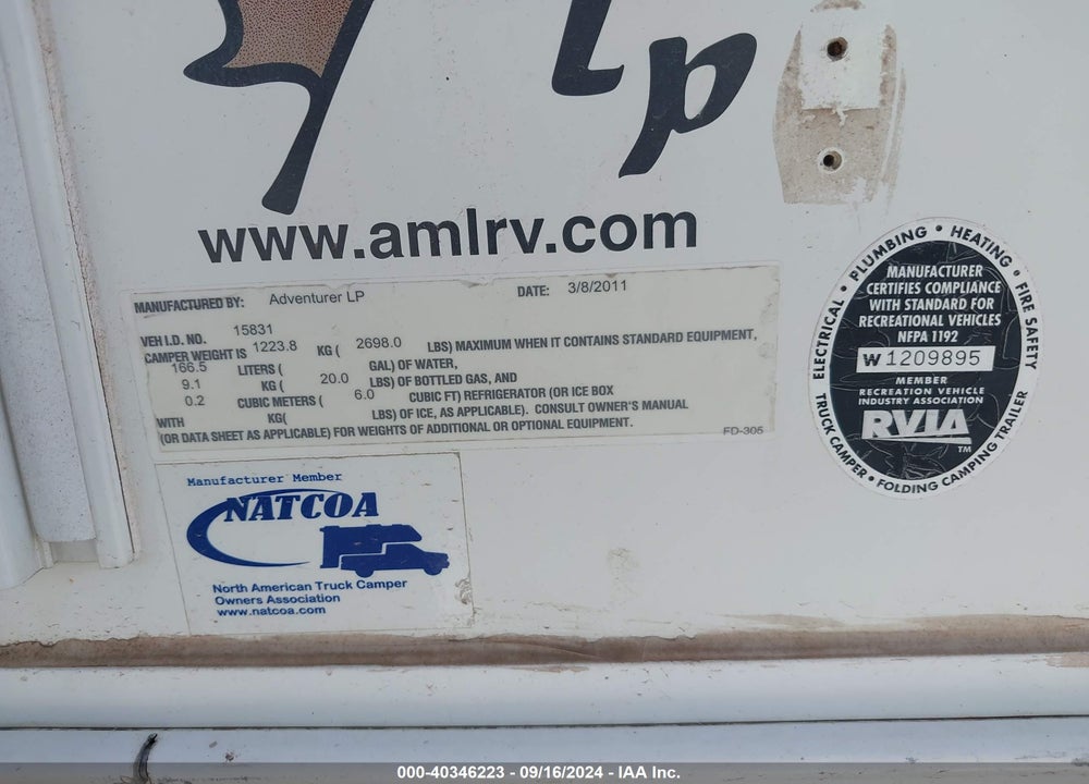 2012 ADVENTURE TRUCK CAMPER VIN: 15831