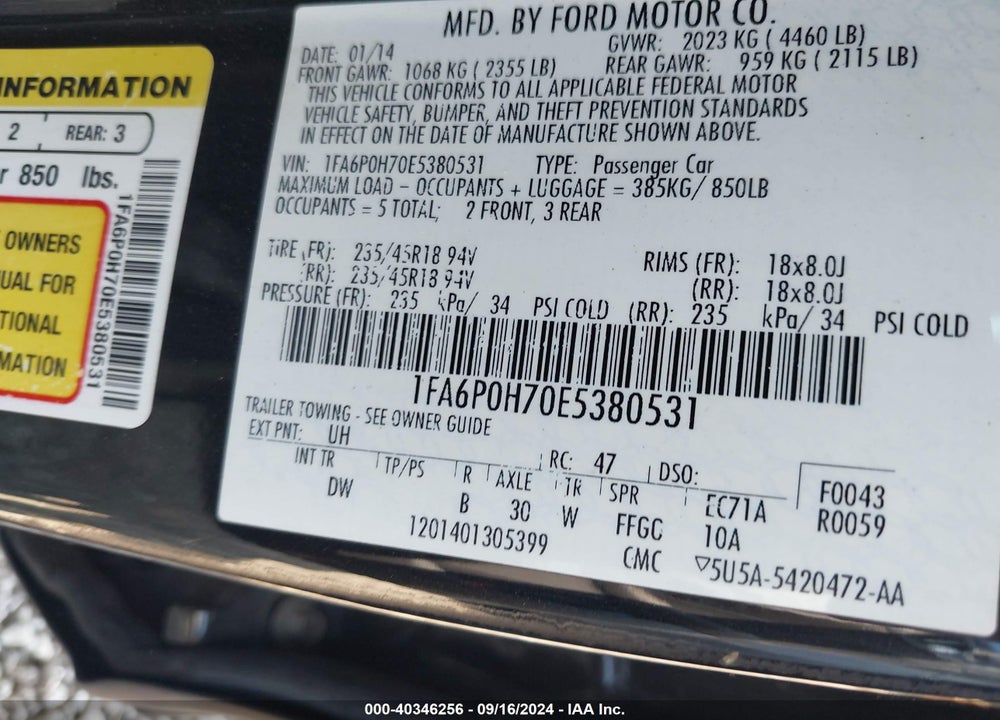 2014 FORD FUSION SE VIN: 1FA6P0H70E5380531