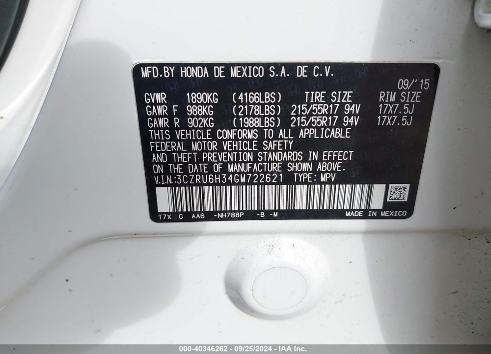 2016 HONDA HR-V LX VIN: 3CZRU6H34GM722621