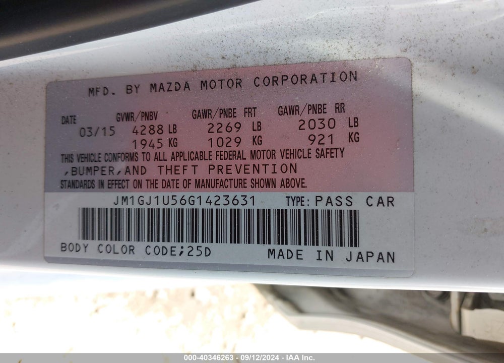 2016 MAZDA 6 I SPORT VIN: JM1GJ1U56G1423631