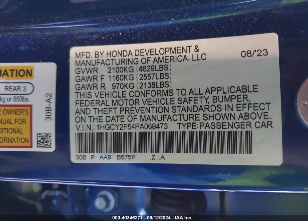 2023 HONDA ACCORD HYBRID SPORT VIN: 1HGCY2F54PA068473