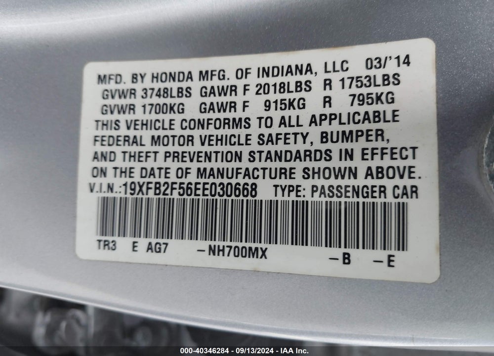 2014 HONDA CIVIC LX VIN: 19XFB2F56EE030668