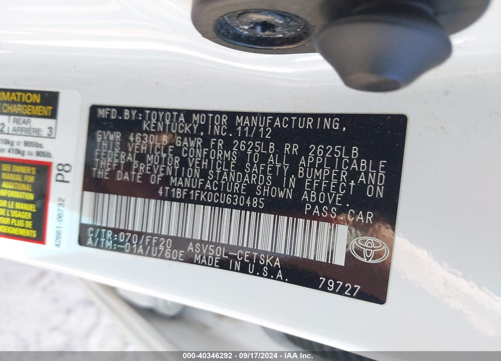 2012 TOYOTA CAMRY SE LIMITED EDITION VIN: 4T1BF1FK0CU630485