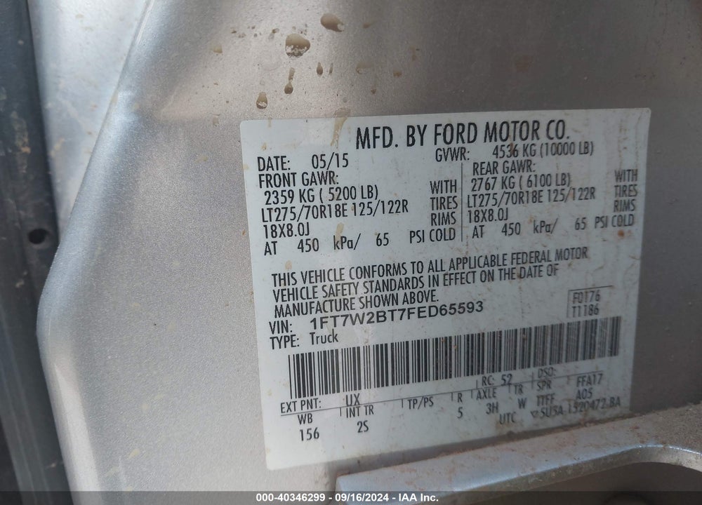 2015 FORD F-250 XLT VIN: 1FT7W2BT7FED65593