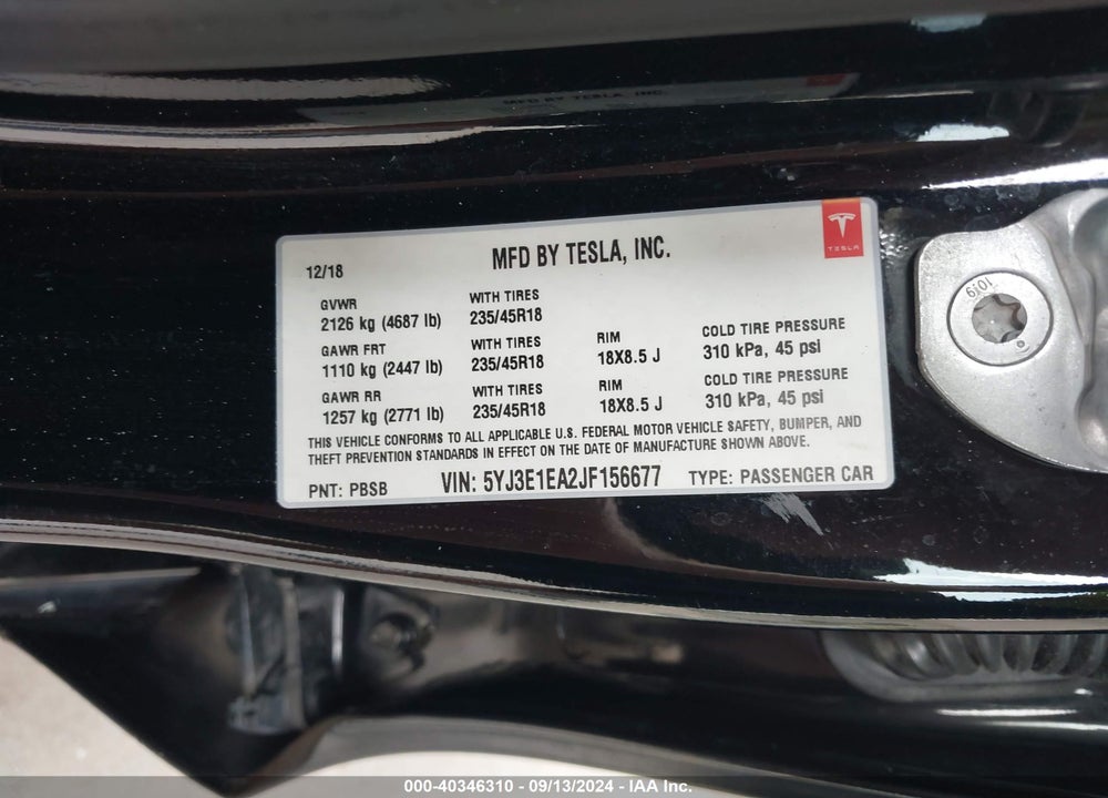 2018 TESLA MODEL 3 LONG RANGE/MID RANGE VIN: 5YJ3E1EA2JF156677