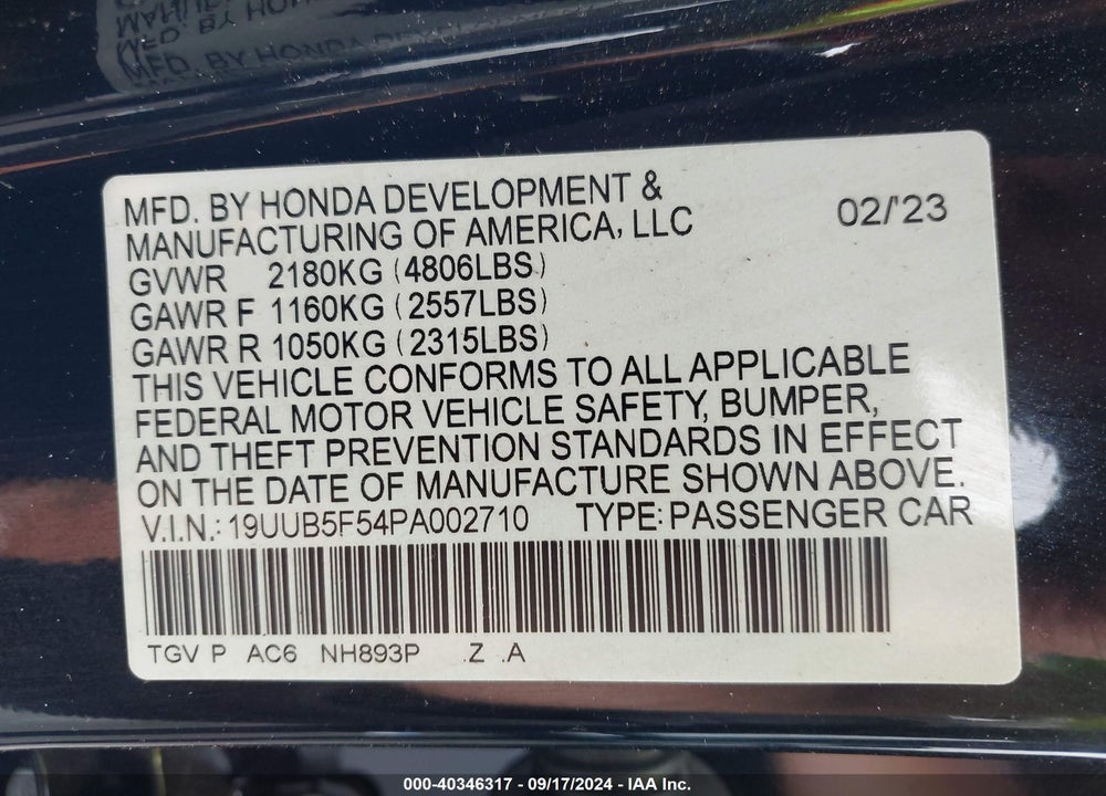 2023 ACURA TLX A-SPEC PACKAGE VIN: 19UUB5F54PA002710