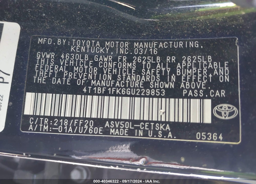 2016 TOYOTA CAMRY SE VIN: 4T1BF1FK6GU229853