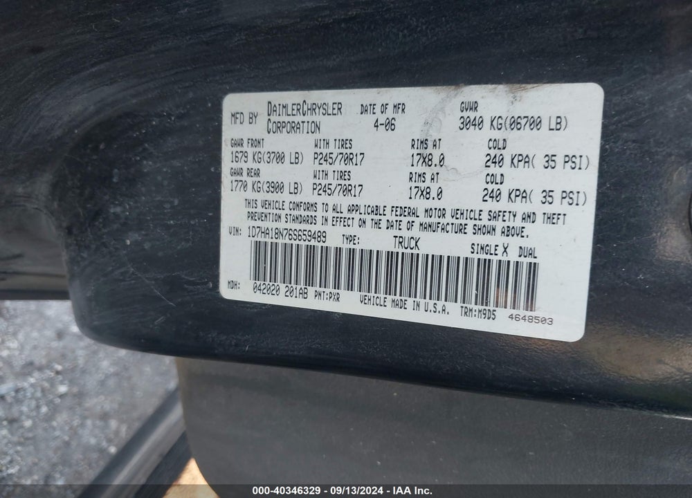 2006 DODGE RAM 1500 SLT VIN: 1D7HA18N76S659489