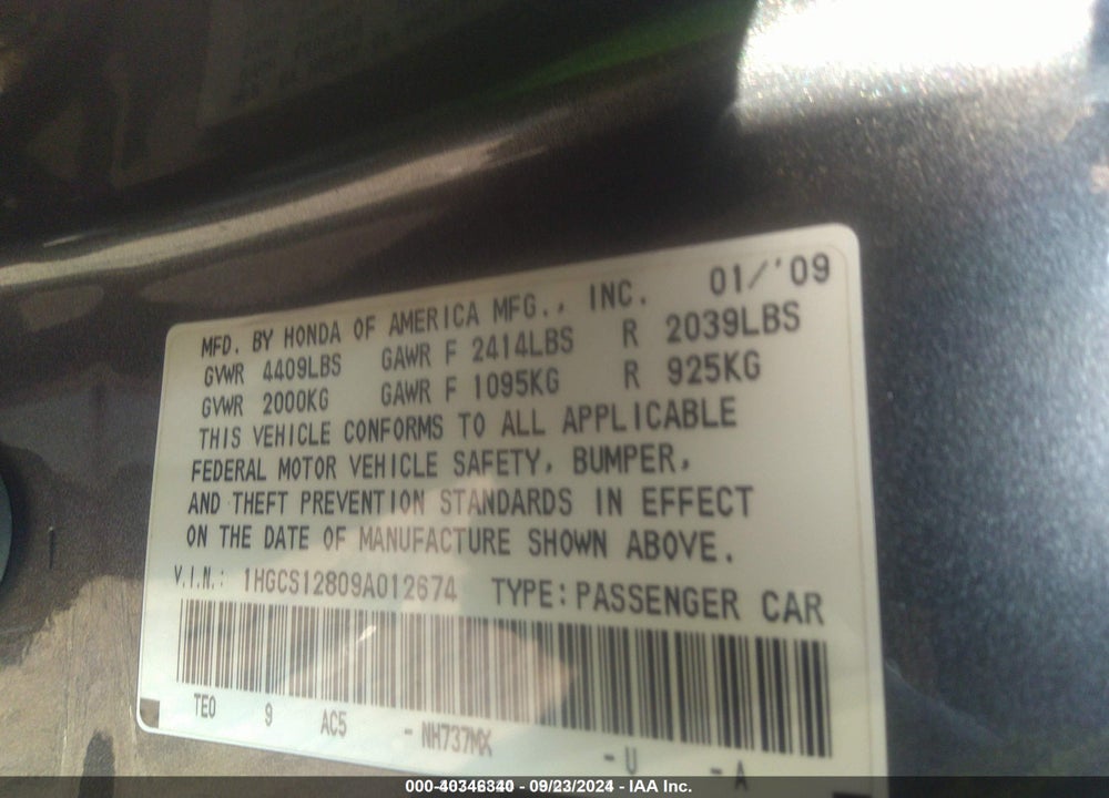 2009 HONDA ACCORD VIN: 1HGCS12809A012674