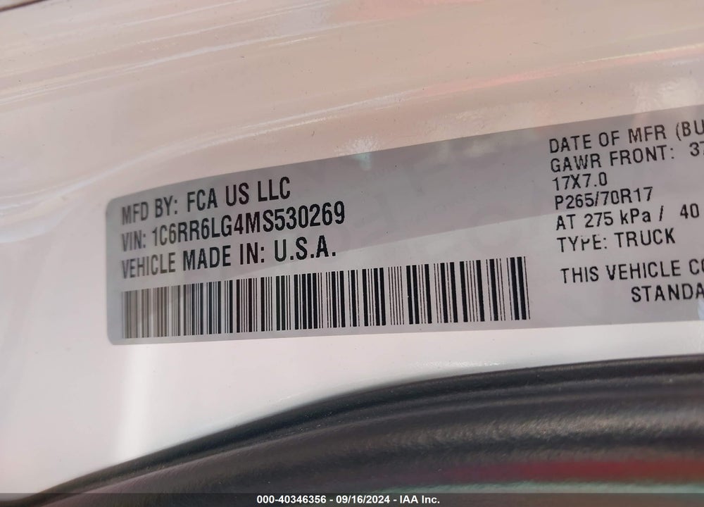 2021 RAM 1500 CLASSIC SLT 4X2 5'7 BOX VIN: 1C6RR6LG4MS530269