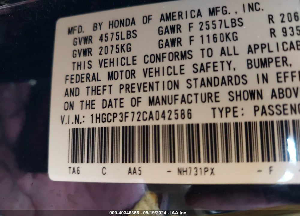 2012 HONDA ACCORD 3.5 EX VIN: 1HGCP3F72CA042586