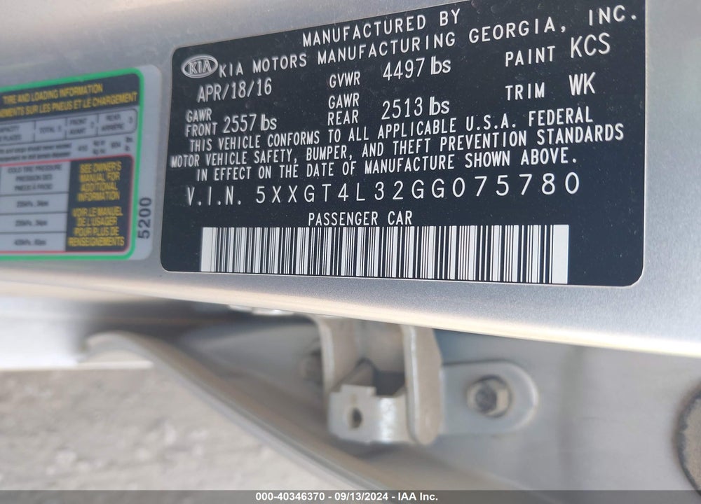2016 KIA OPTIMA LX VIN: 5XXGT4L32GG075780