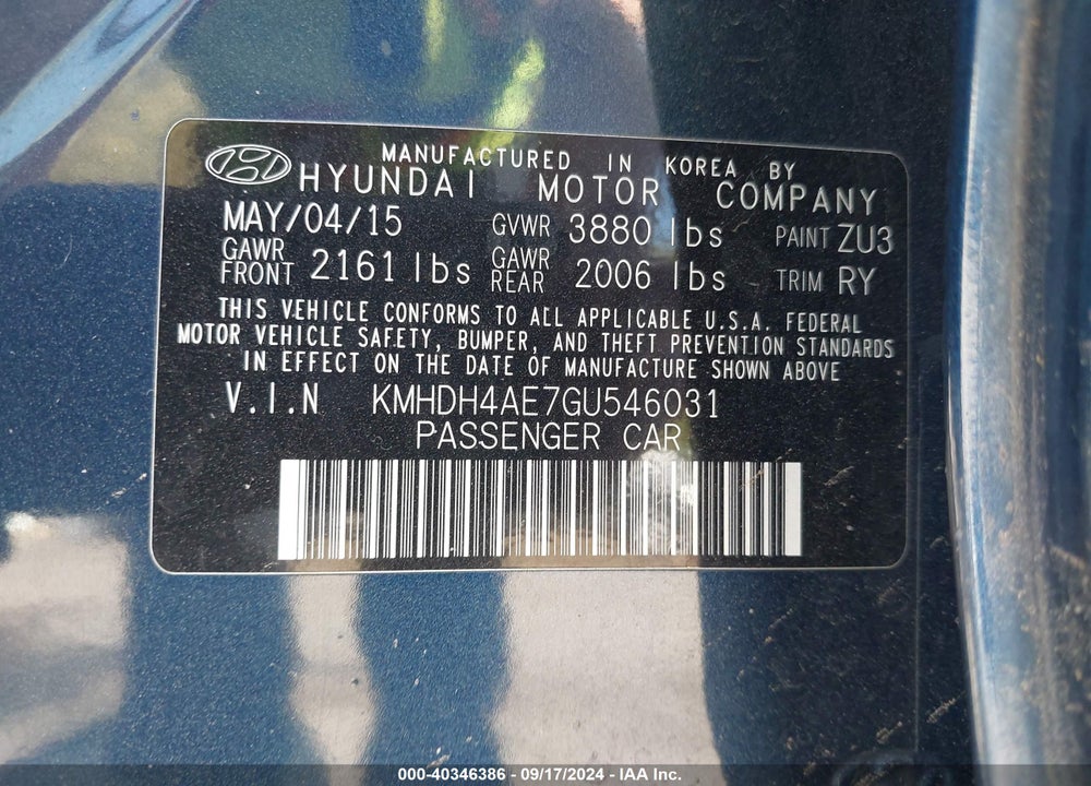 2016 HYUNDAI ELANTRA VALUE EDITION VIN: KMHDH4AE7GU546031