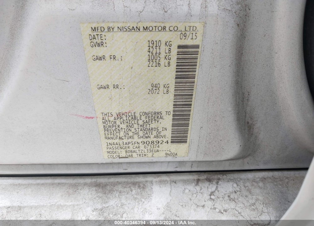 2015 NISSAN ALTIMA 2.5 SL VIN: 1N4AL3AP5FN908924