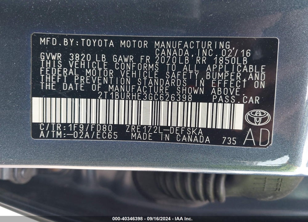 2016 TOYOTA COROLLA S PLUS VIN: 2T1BURHE3GC626398