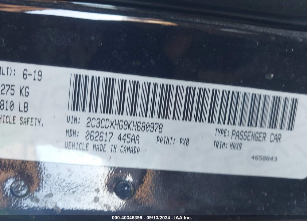 2019 DODGE CHARGER GT RWD VIN: 2C3CDXHG9KH680978