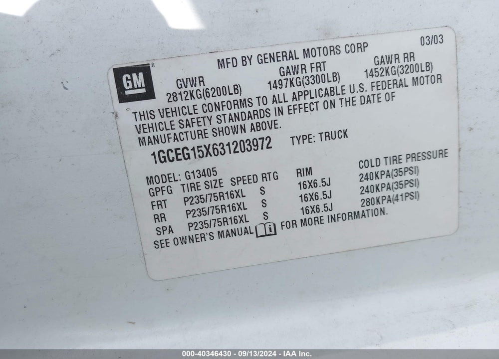 2003 CHEVROLET EXPRESS VIN: 1GCEG15X631203972