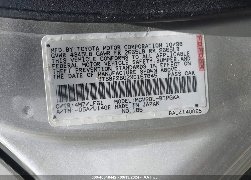 1999 LEXUS ES 300 VIN: JT8BF28G2X0167845