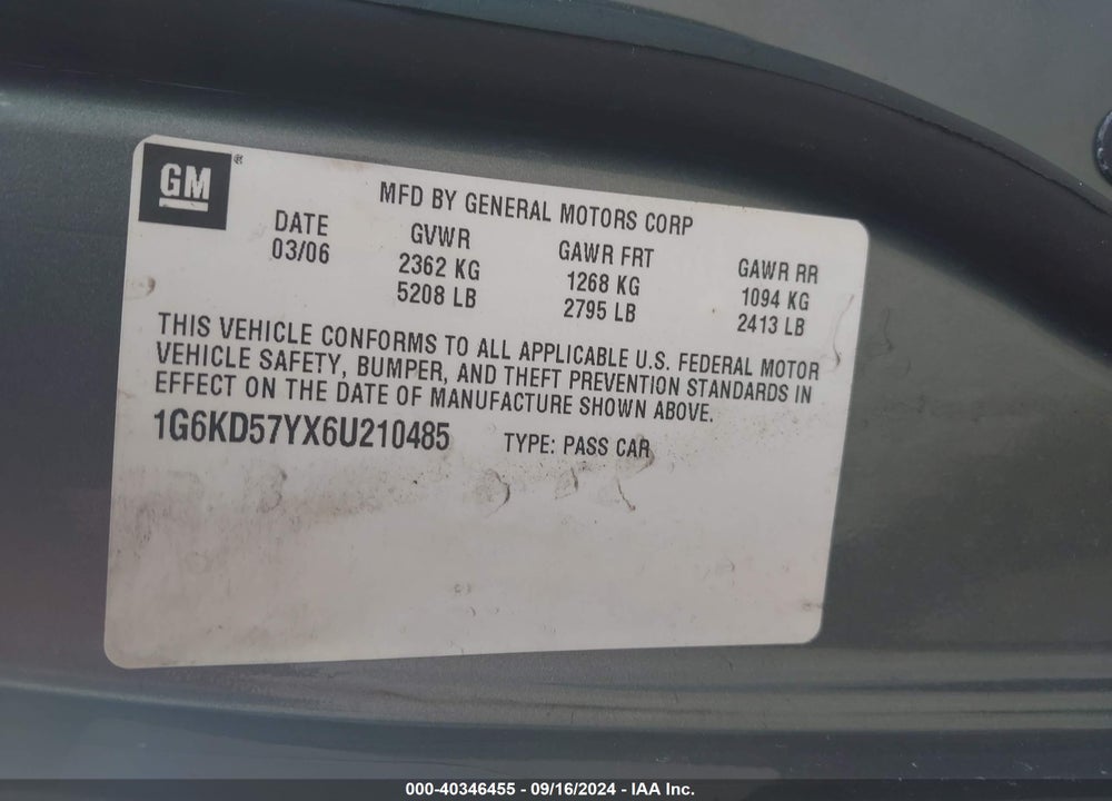 2006 CADILLAC DTS STANDARD VIN: 1G6KD57YX6U210485