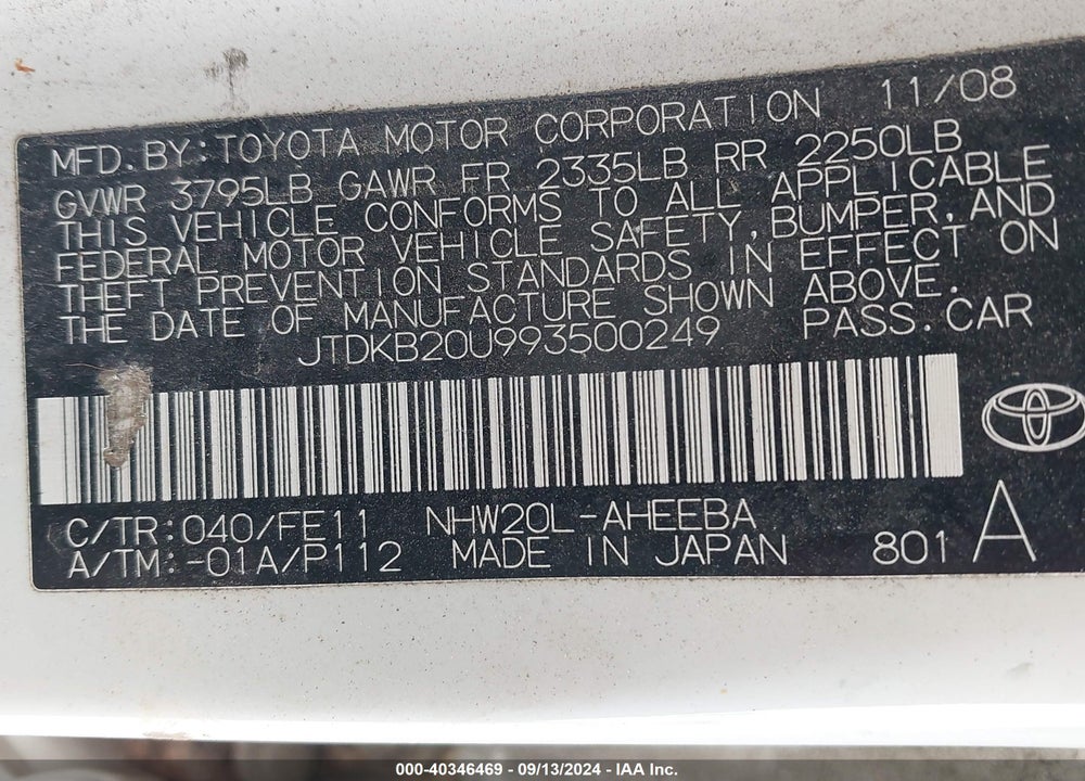2009 TOYOTA PRIUS VIN: JTDKB20U993500249