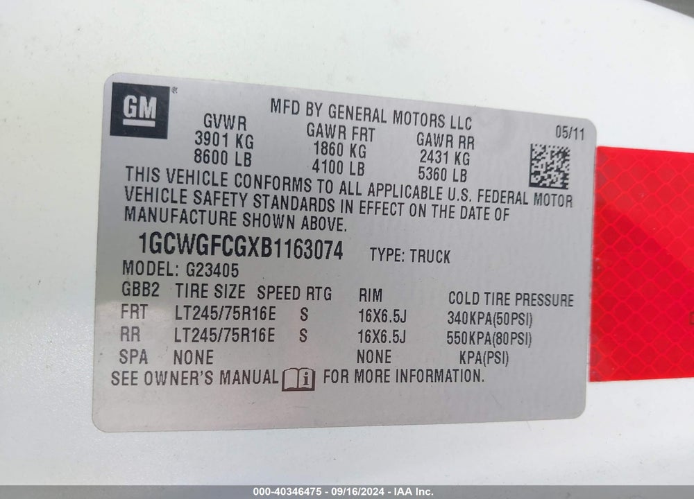 2011 CHEVROLET EXPRESS 2500 WORK VAN VIN: 1GCWGFCGXB1163074
