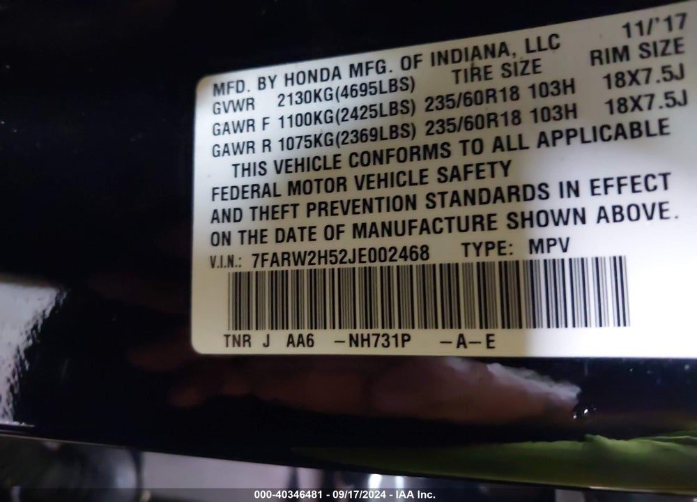 2018 HONDA CR-V EX VIN: 7FARW2H52JE002468