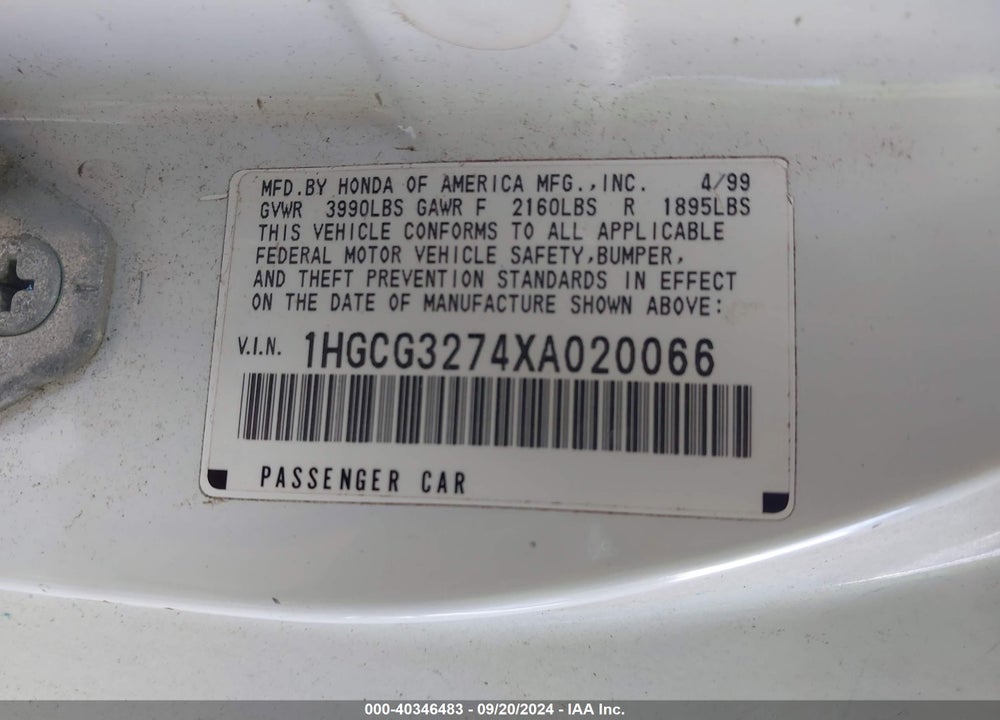 1999 HONDA ACCORD EX VIN: 1HGCG3274XA020066