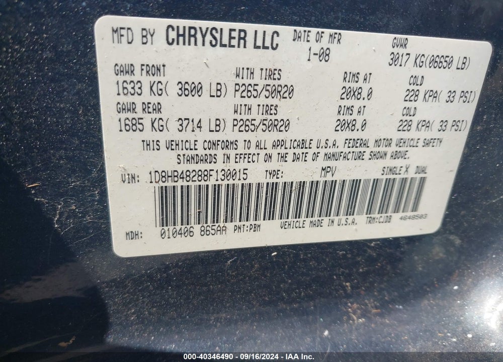 2008 DODGE DURANGO SLT VIN: 1D8HB48288F130015