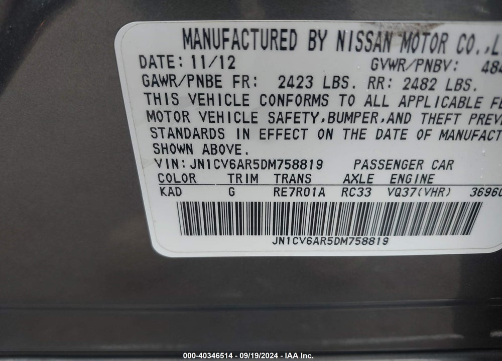 2013 INFINITI G37X VIN: JN1CV6AR5DM758819